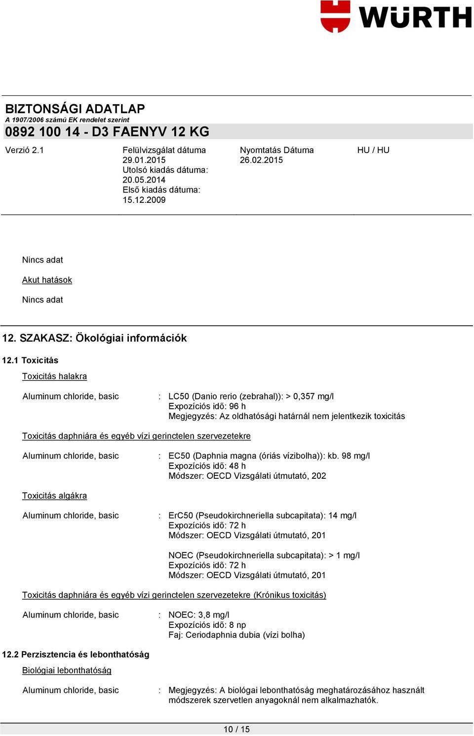 gerinctelen szervezetekre : EC50 (Daphnia magna (óriás vízibolha)): kb.