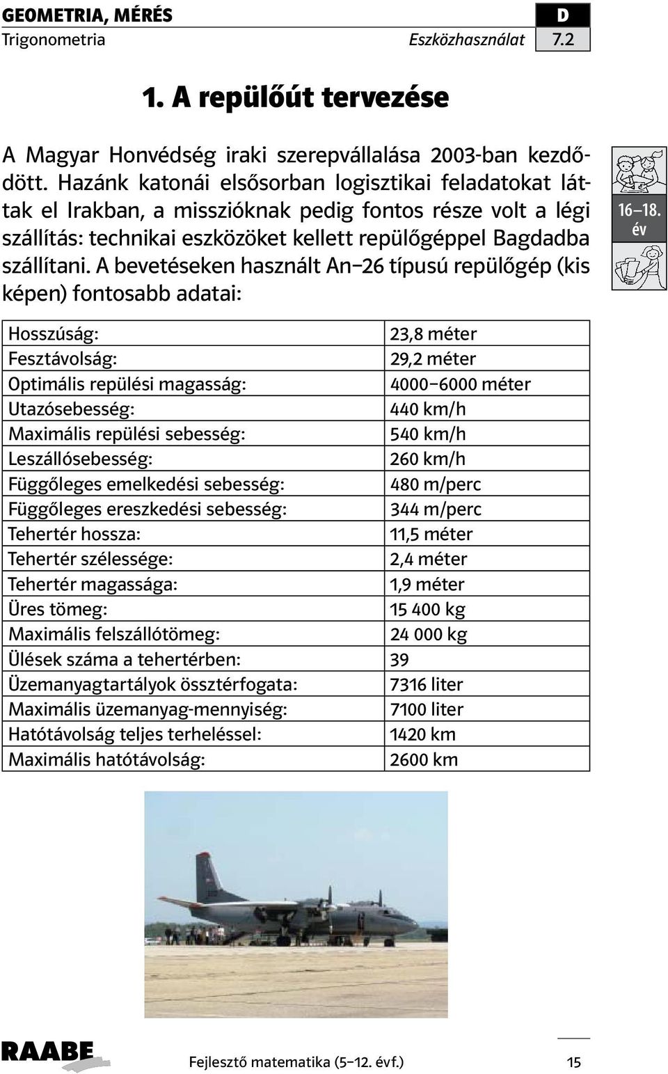 A bevetéseken használt An 26 típusú repülőgép (kis képen) fontosabb adatai: 16 18.