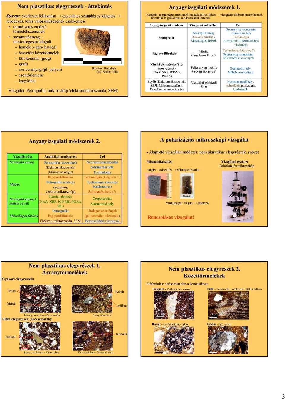 pelyva) csontőrlemény kagylóhéj Bronzkor, Biatorbágy fotó: Kreiter Attila Vizsgálat: Petrográfiai mikroszkóp (elektronmikroszonda, SEM) Anyagvizsgálati módszerek 1.