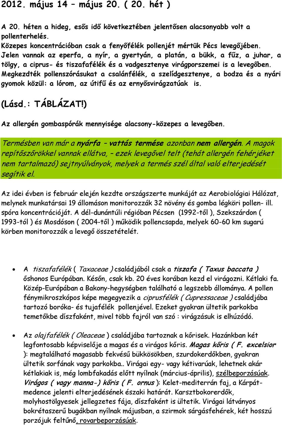 Jelen vannak az eperfa, a nyír, a gyertyán, a platán, a bükk, a fűz, a juhar, a tölgy, a ciprus- és tiszafafélék és a vadgesztenye virágporszemei is a levegőben.