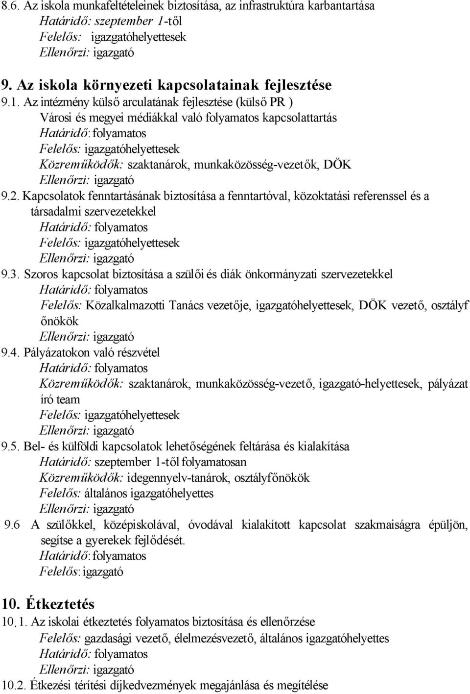 Az intézmény külső arculatának fejlesztése (külső PR ) Városi és megyei médiákkal való folyamatos kapcsolattartás Határidő: folyamatos Közreműködők: szaktanárok, munkaközösség-vezetők, DÖK 9.2.