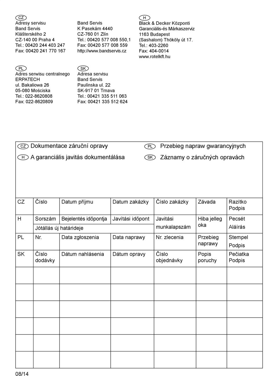 22-917 01 Trnava Tel.: 00421 335 511 063 Fax: 00421 335 512 624 H Black & Decker Központi Garanciális-és Márkaszerviz 1163 Budapest (Sashalom) Thököly út 17. Tel.: 403-2260 Fax: 404-0014 www.rotelkft.