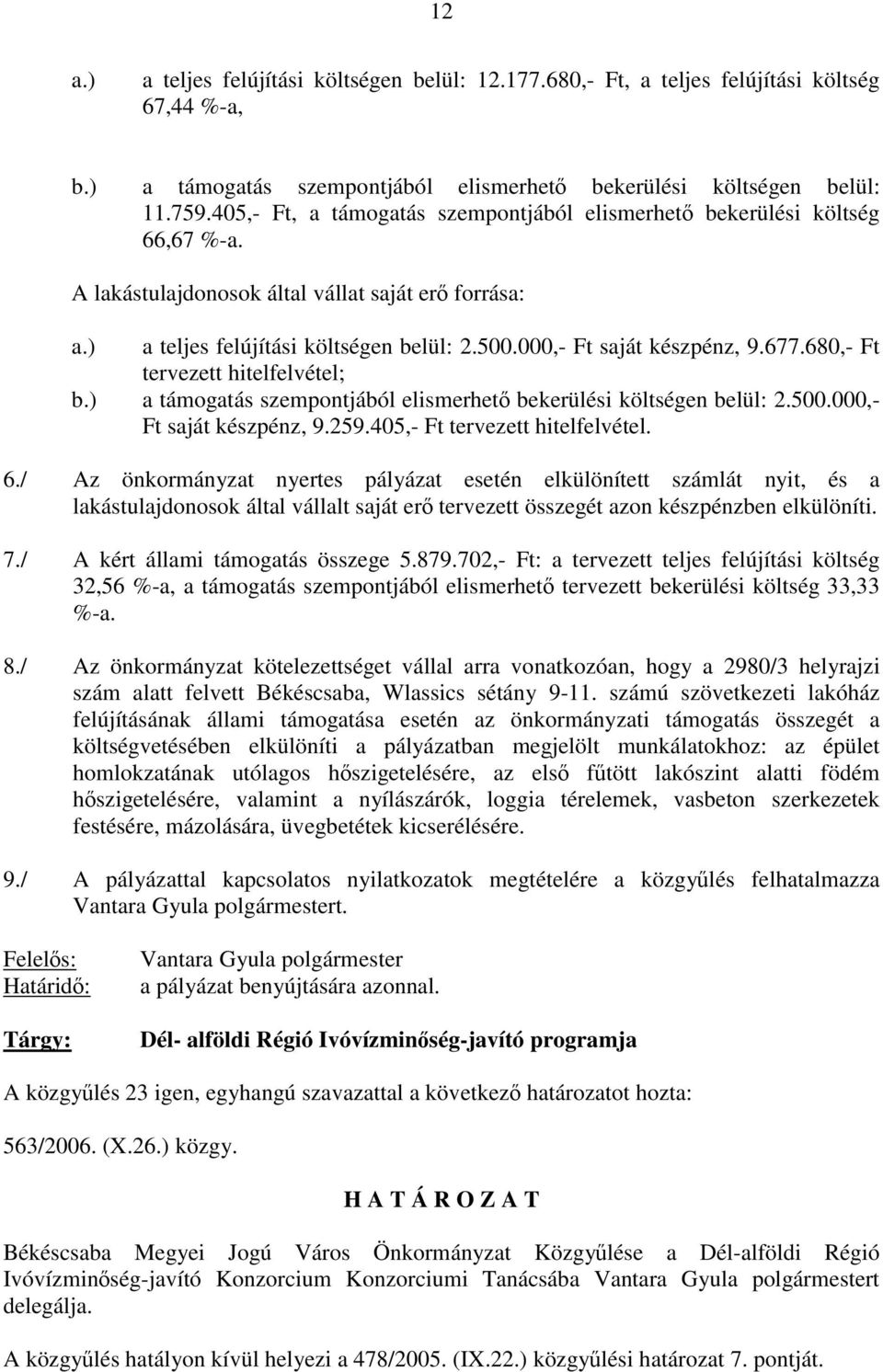 000,- Ft saját készpénz, 9.677.680,- Ft tervezett hitelfelvétel; b.) a támogatás szempontjából elismerhető bekerülési költségen belül: 2.500.000,- Ft saját készpénz, 9.259.