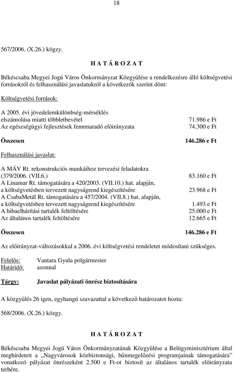 évi jövedelemkülönbség-mérséklés elszámolása miatti többletbevétel Az egészségügyi fejlesztések fennmaradó előirányzata Összesen 71.986 e Ft 74.300 e Ft 146.286 e Ft Felhasználási javaslat: A MÁV Rt.