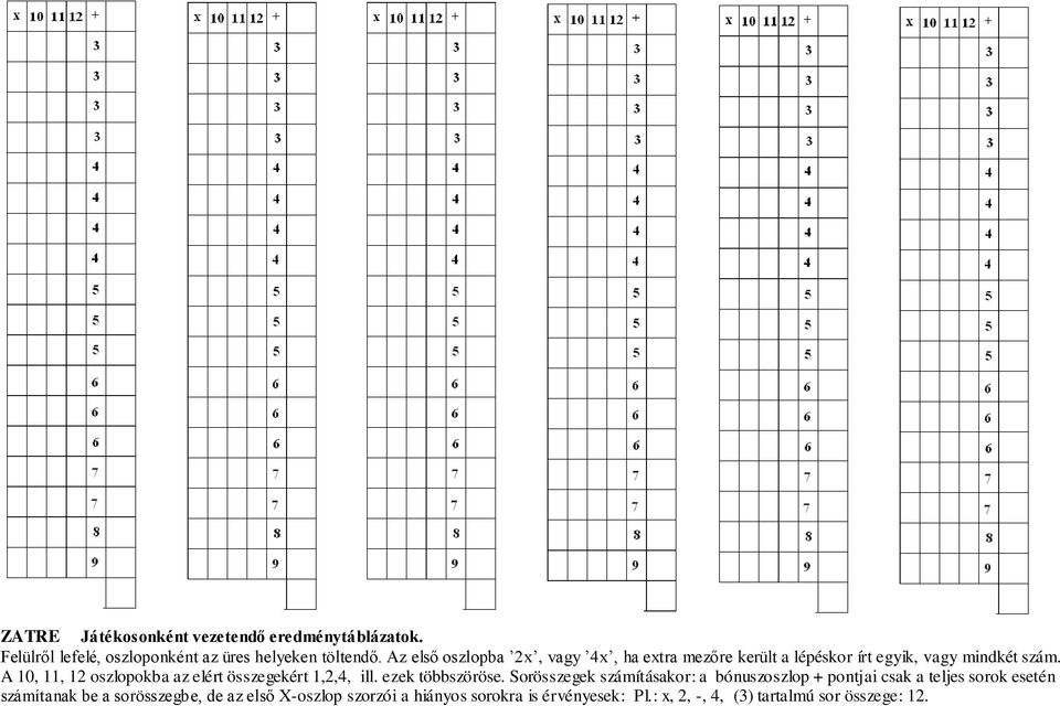 A 10, 11, 12 oszlopokba az elért összegekért 1,2,4, ill. ezek többszöröse.