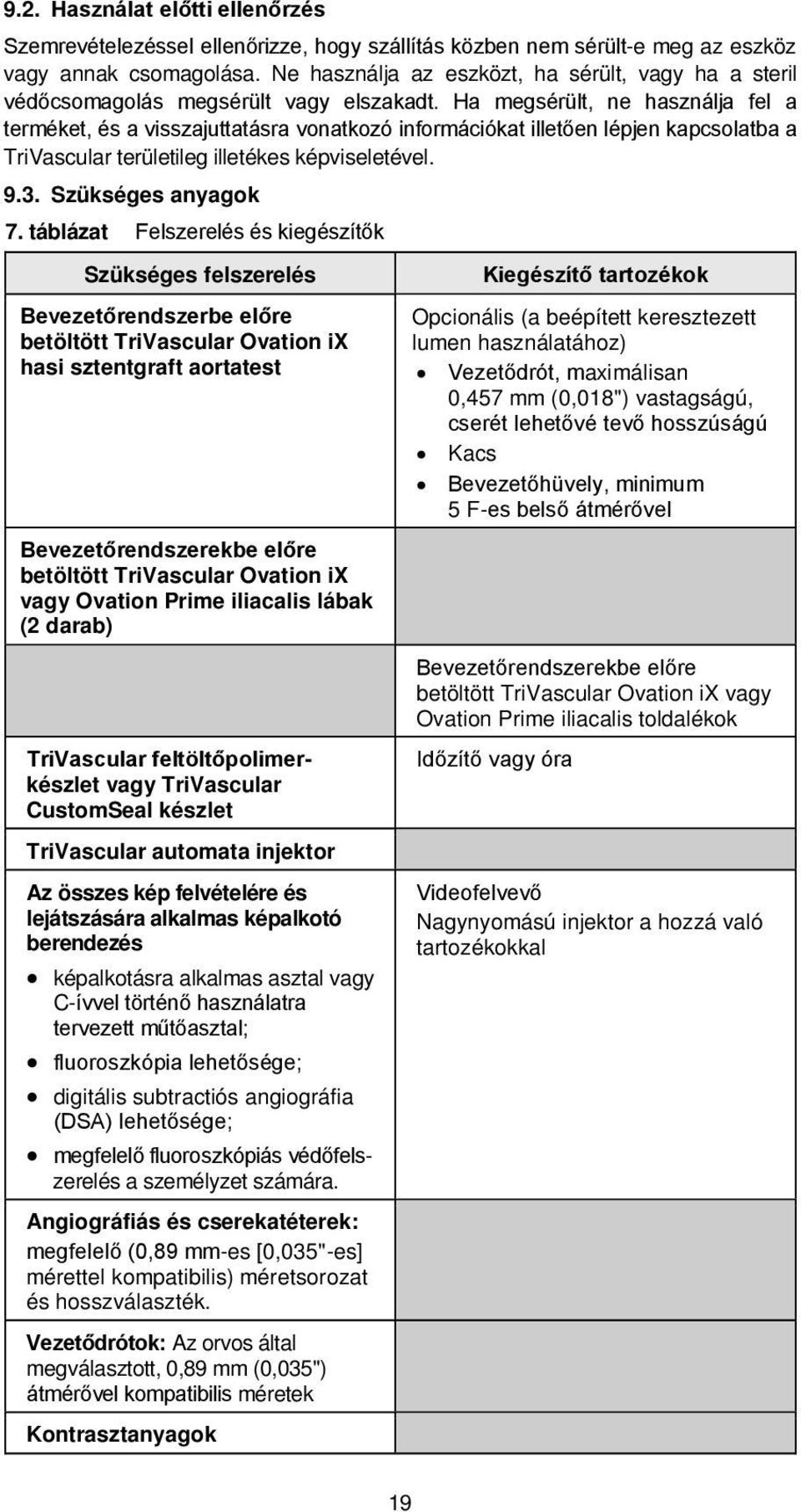 Ha megsérült, ne használja fel a terméket, és a visszajuttatásra vonatkozó információkat illetően lépjen kapcsolatba a TriVascular területileg illetékes képviseletével. 9.3. Szükséges anyagok 7.