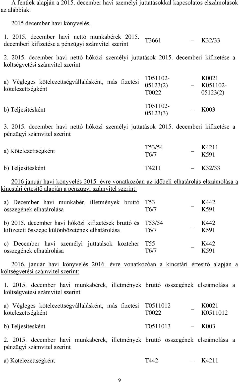 decemberi kifizetése a költségvetési számvitel szerint a) Végleges kötelezettségvállalásként, más fizetési kötelezettségként T051102-05123(2) T0022 K0021 K051102-05123(2) b) Teljesítésként