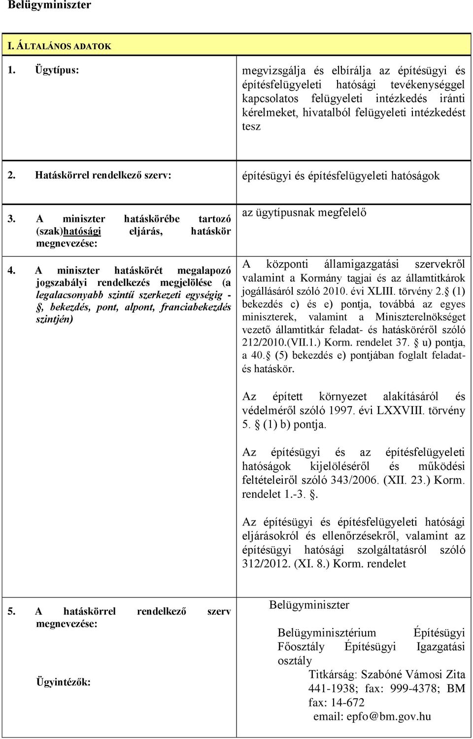 Hatáskörrel rendelkező szerv: építésügyi és építésfelügyeleti hatóságok 3. A miniszter hatáskörébe tartozó (szak)hatósági eljárás, hatáskör megnevezése: 4.