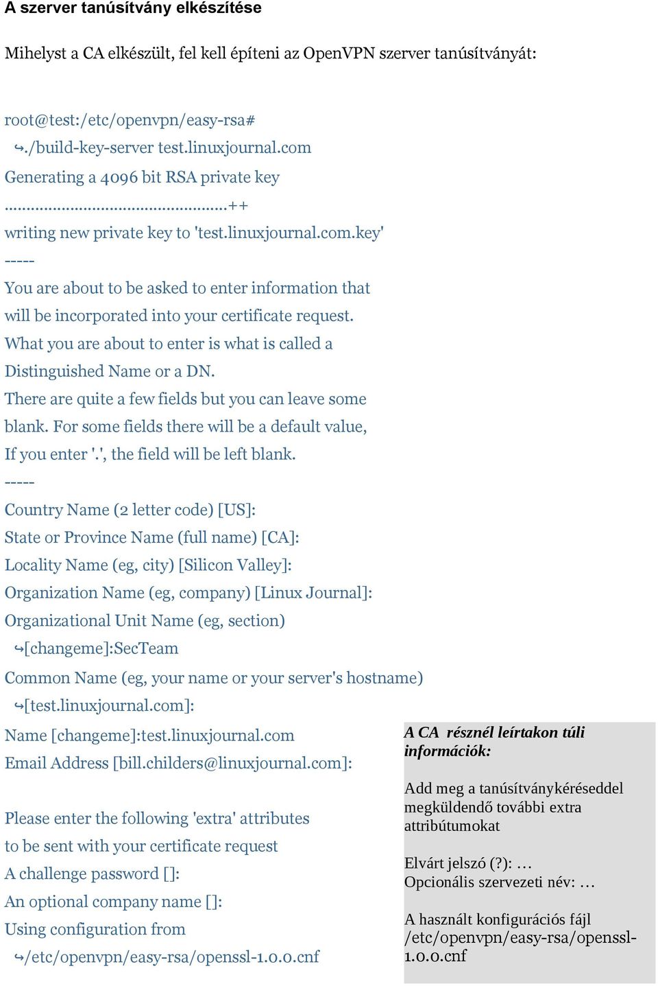 What you are about to enter is what is called a Distinguished Name or a DN. There are quite a few fields but you can leave some blank. For some fields there will be a default value, If you enter '.