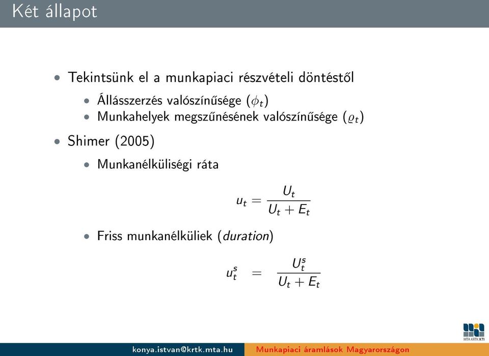 valószín sége (ϱ t ) Shimer (2005) Munkanélküliségi ráta U t u