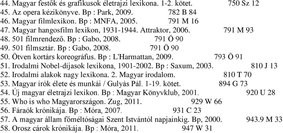 Bp : L'Harmattan, 2009. 793 Ö 91 51. Irodalmi Nobel-díjasok lexikona, 1901-2002. Bp : Saxum, 2003. 810 J 13 52. Irodalmi alakok nagy lexikona. 2. Magyar irodalom. 810 T 70 53.