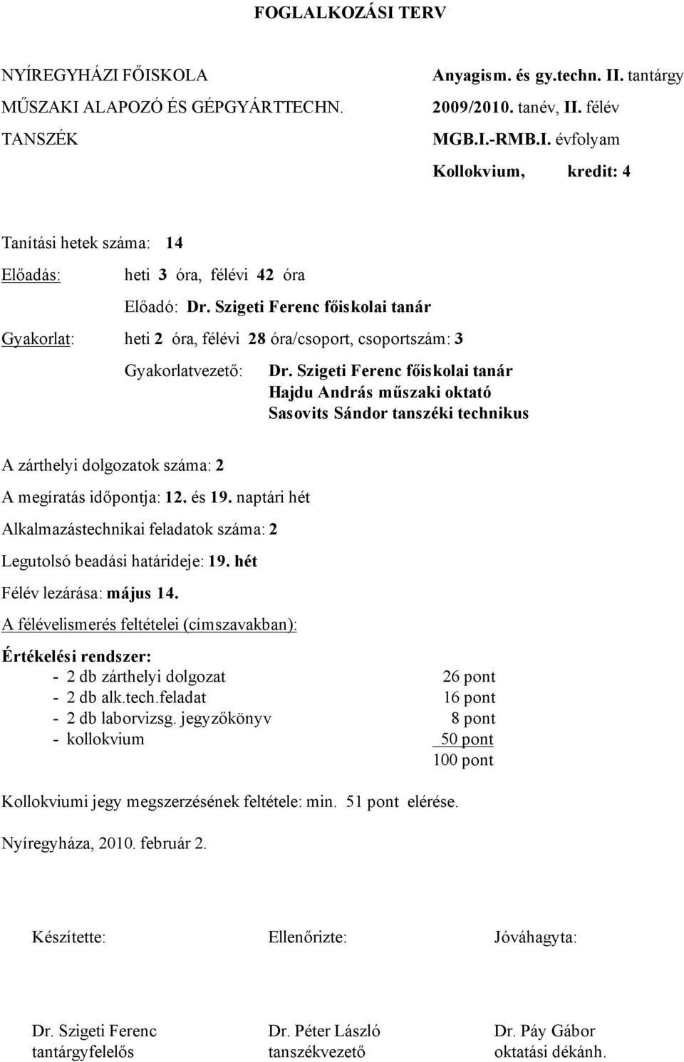 Szigeti Ferenc főiskolai tanár Hajdu András műszaki oktató Sasovits Sándor tanszéki technikus A zárthelyi dolgozatok száma: 2 A megíratás ja: 12. és 19.