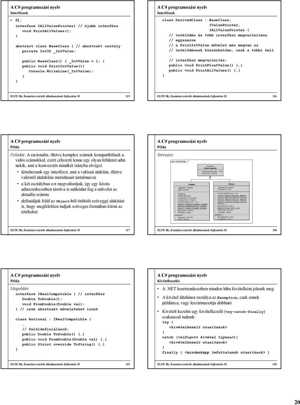 WriteLine(_IntValue); Interfészek class DerivedClass : BaseClass, IValuePrinter, IAllValuePrinter { // öröklődés és több interfész megvalósítása // egyszerre // a PrintIntValue művelet már megvan az