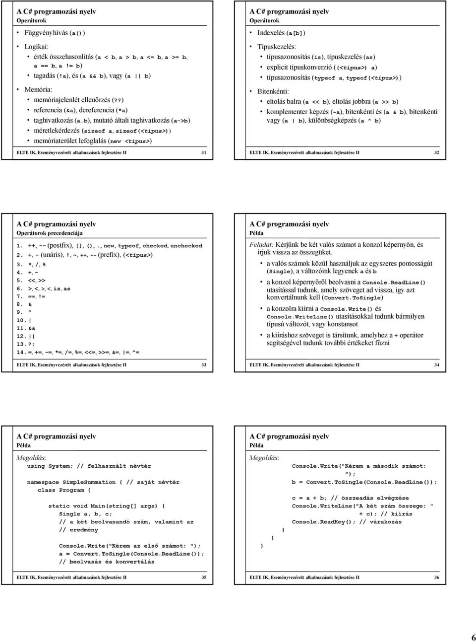 b), mutató általi taghivatkozás (a->b) méretlekérdezés (sizeof a, sizeof(<típus>)) memóriaterület lefoglalás (new <típus>) ELTE IK, Eseményvezérelt alkalmazások fejlesztése II 31 Operátorok Indexelés