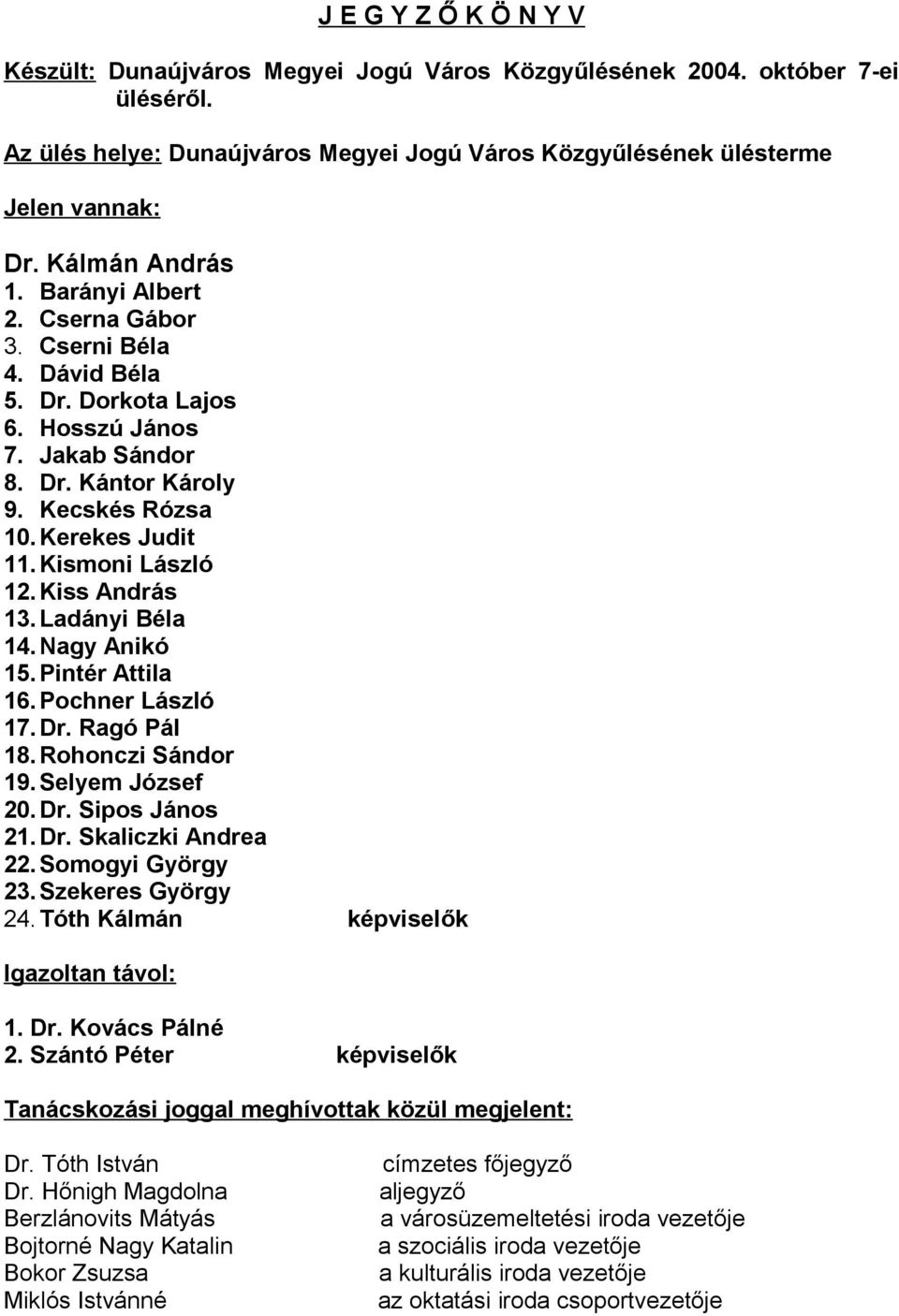 Kismoni László 12. Kiss András 13. Ladányi Béla 14. Nagy Anikó 15. Pintér Attila 16. Pochner László 17.Dr. Ragó Pál 18. Rohonczi Sándor 19. Selyem József 20. Dr. Sipos János 21. Dr. Skaliczki Andrea 22.