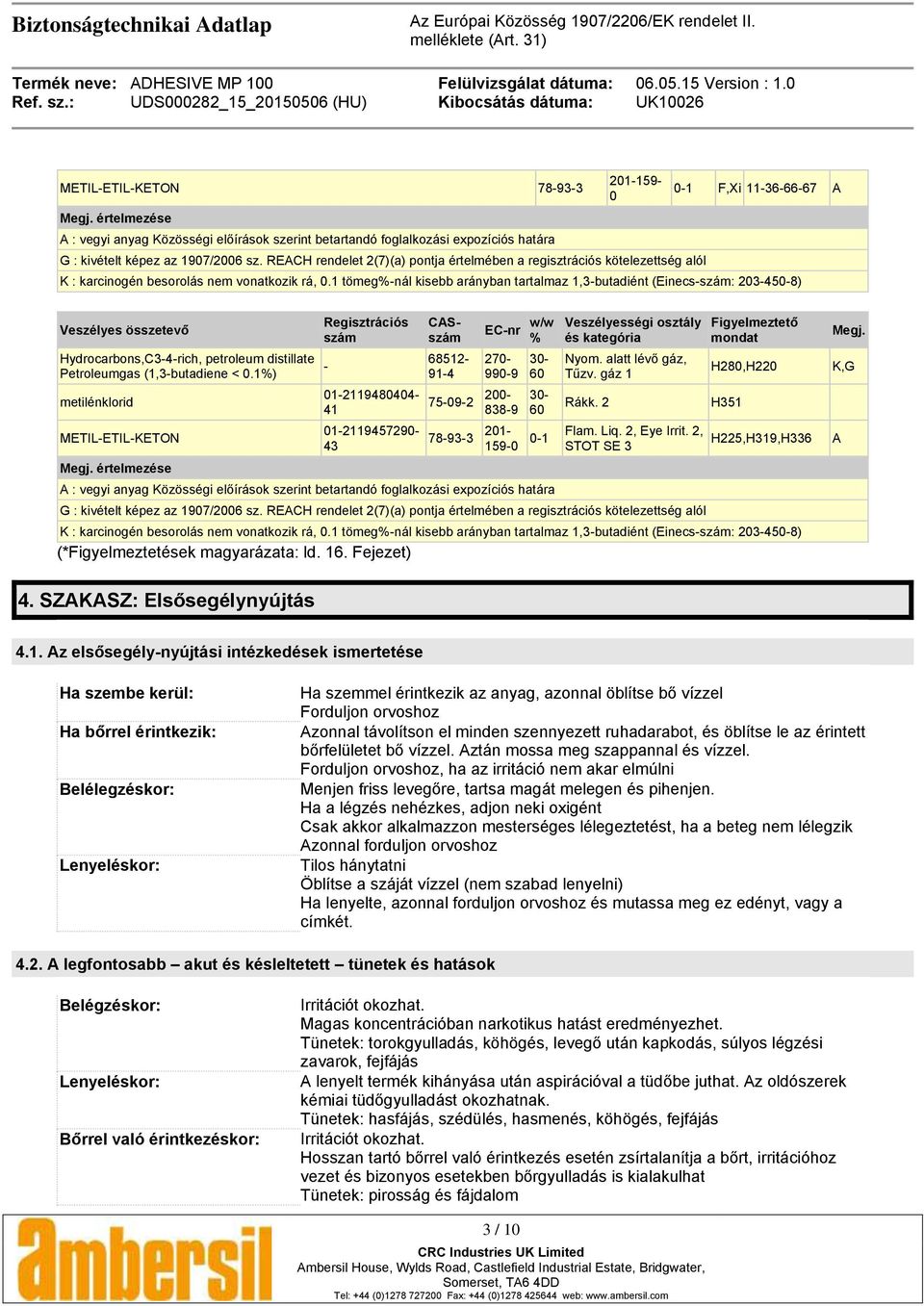 1 tömeg%-nál kisebb arányban tartalmaz 1,3-butadiént (Einecs-szám: 203-450-8) Veszélyes összetevő Hydrocarbons,C3-4-rich, petroleum distillate Petroleumgas (1,3-butadiene < 0.