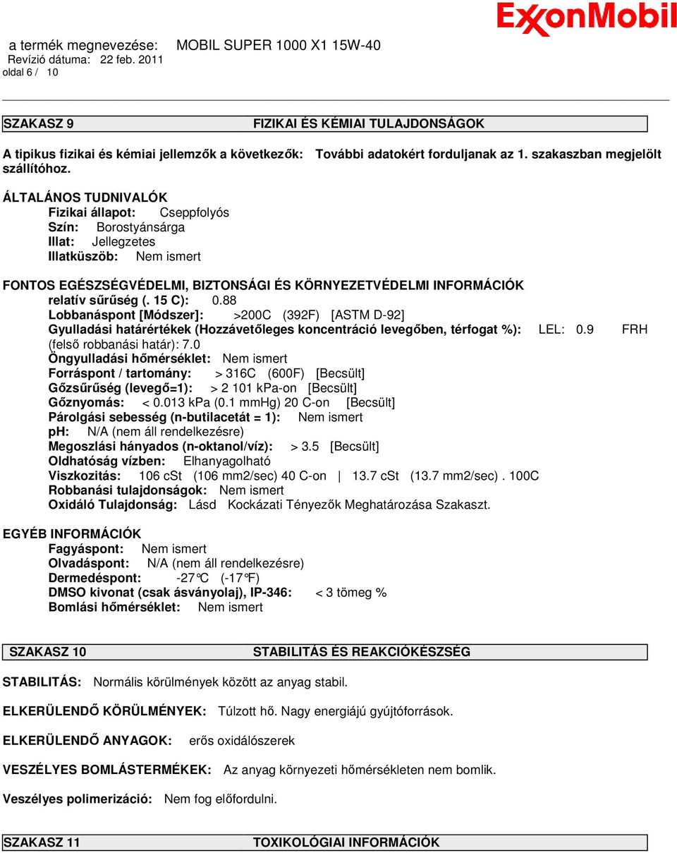 15 C): 0.88 Lobbanáspont [Módszer]: >200C (392F) [ASTM D-92] Gyulladási határértékek (Hozzávetőleges koncentráció levegőben, térfogat %): LEL: 0.9 FRH (felső robbanási határ): 7.