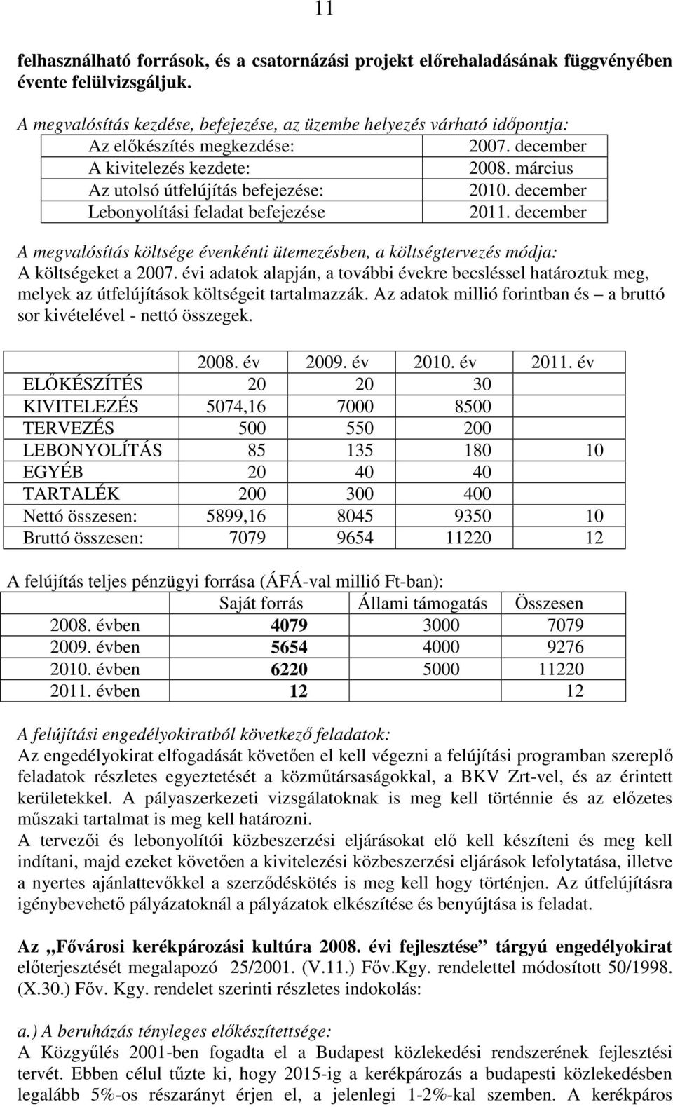 december Lebonyolítási feladat befejezése 2011. december A megvalósítás költsége évenkénti ütemezésben, a költségtervezés módja: A költségeket a 2007.