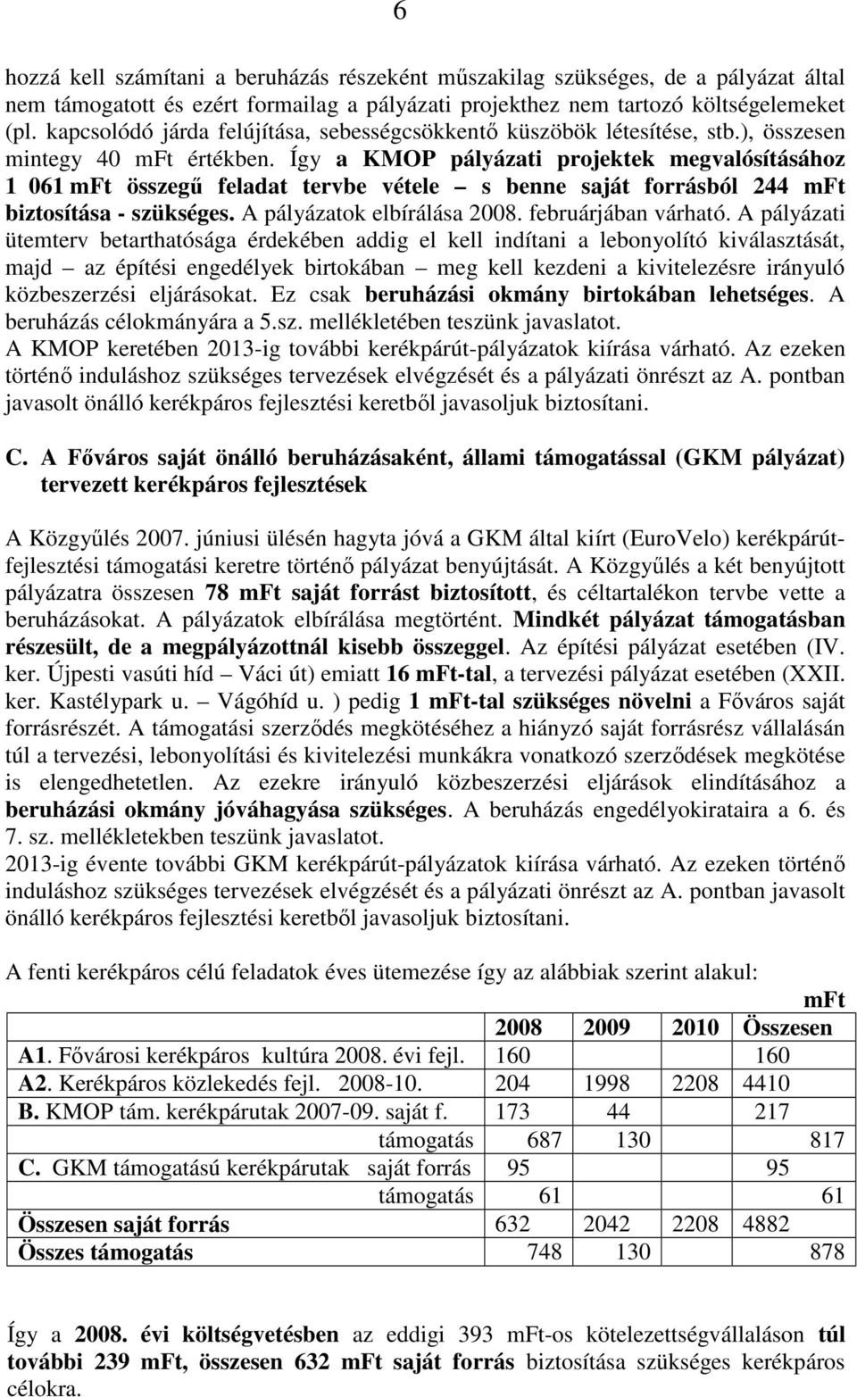 Így a KMOP pályázati projektek megvalósításához 1 061 mft összegő feladat tervbe vétele s benne saját forrásból 244 mft biztosítása - szükséges. A pályázatok elbírálása 2008. februárjában várható.