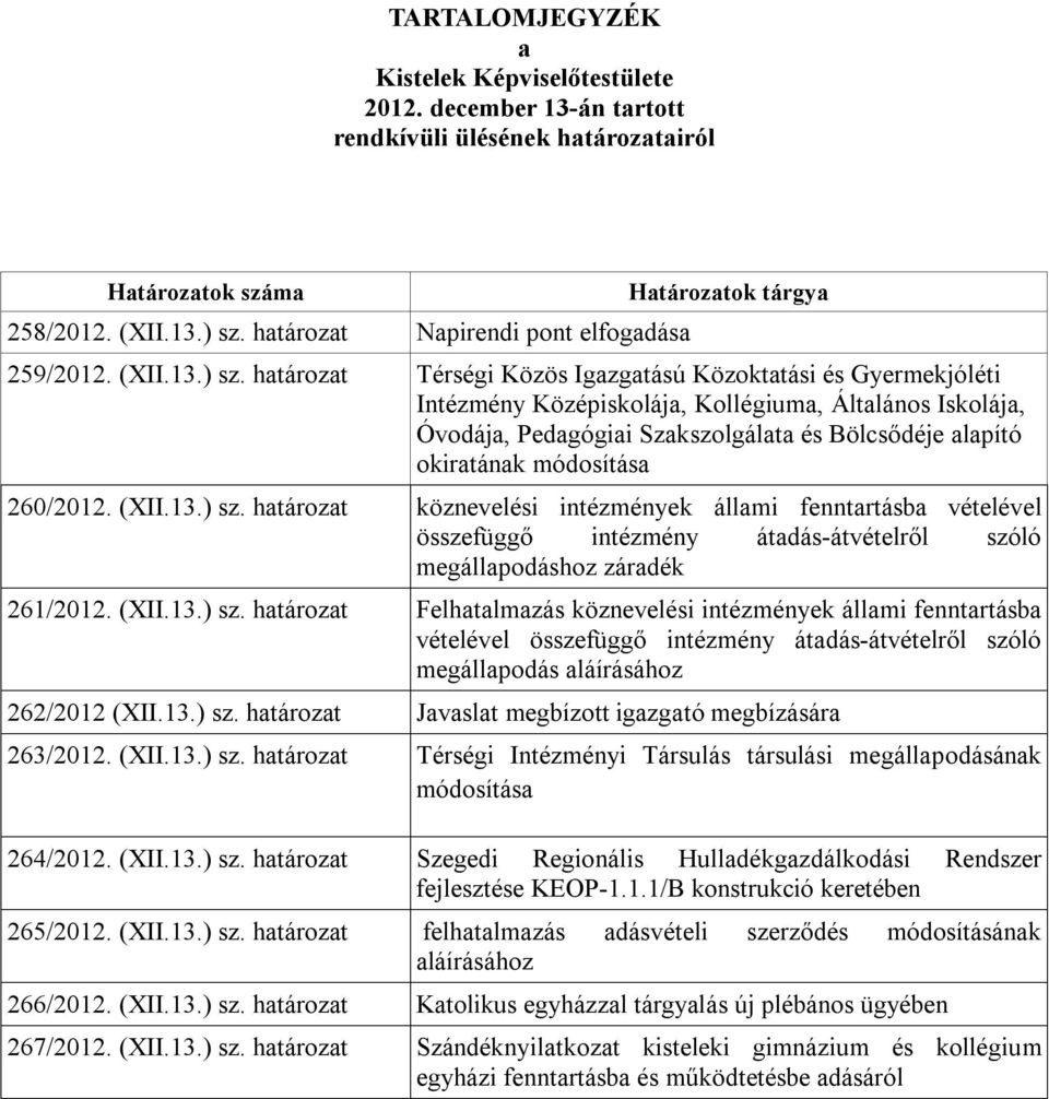 határozat Térségi Közös Igazgatású Közoktatási és Gyermekjóléti Intézmény Középiskolája, Kollégiuma, Általános Iskolája, Óvodája, Pedagógiai Szakszolgálata és Bölcsődéje alapító okiratának módosítása