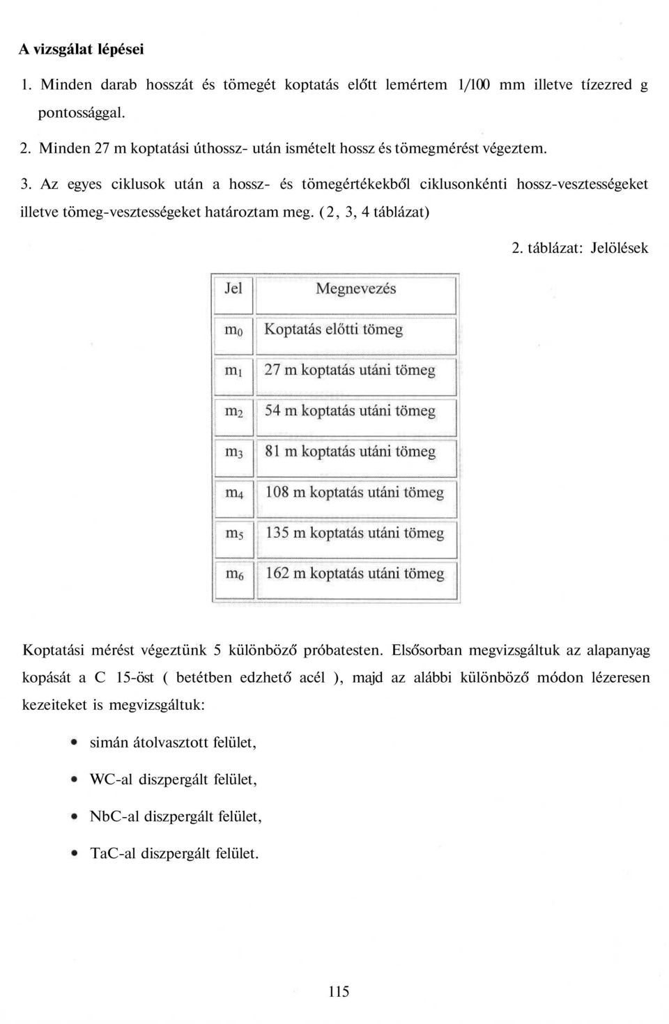 Az egyes ciklusok után a hossz- és tömegértékekből ciklusonkénti hossz-vesztességeket illetve tömeg-vesztességeket határoztam meg. (2, 3, 4 táblázat) 2.