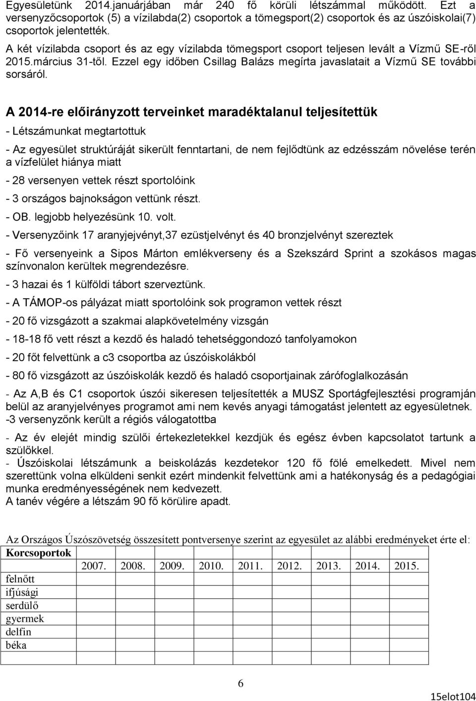 A 2014-re előirányzott terveinket maradéktalanul teljesítettük - Létszámunkat megtartottuk - Az egyesület struktúráját sikerült fenntartani, de nem fejlődtünk az edzésszám növelése terén a vízfelület