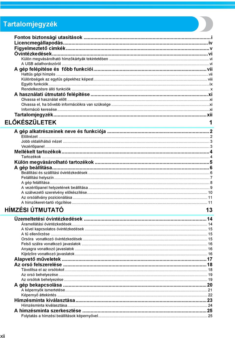 ..xi Olvassa el használat előtt...xi Olvassa el, ha bővebb információkra van szüksége...xi Információ keresése...xi Tartalomjegyzék...xii ELŐKÉSZÜLETEK A gép alkatrészeinek neve és funkciója.