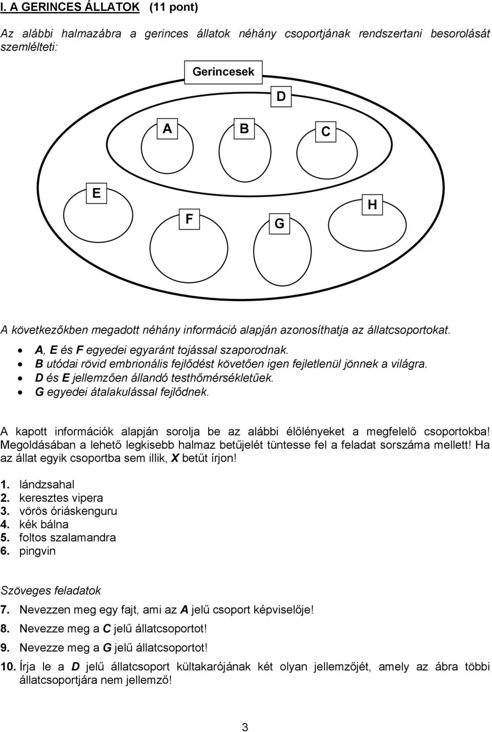 D és E jellemzően állandó testhőmérsékletűek. G egyedei átalakulással fejlődnek. A kapott információk alapján sorolja be az alábbi élőlényeket a megfelelő csoportokba!