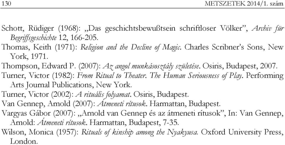 The Human Seriousness of Play. Performing Arts Journal Publications, New York. Turner, Victor (2002): A rituális folyamat. Osiris, Budapest. Van Gennep, Arnold (2007): Átmeneti rítusok.