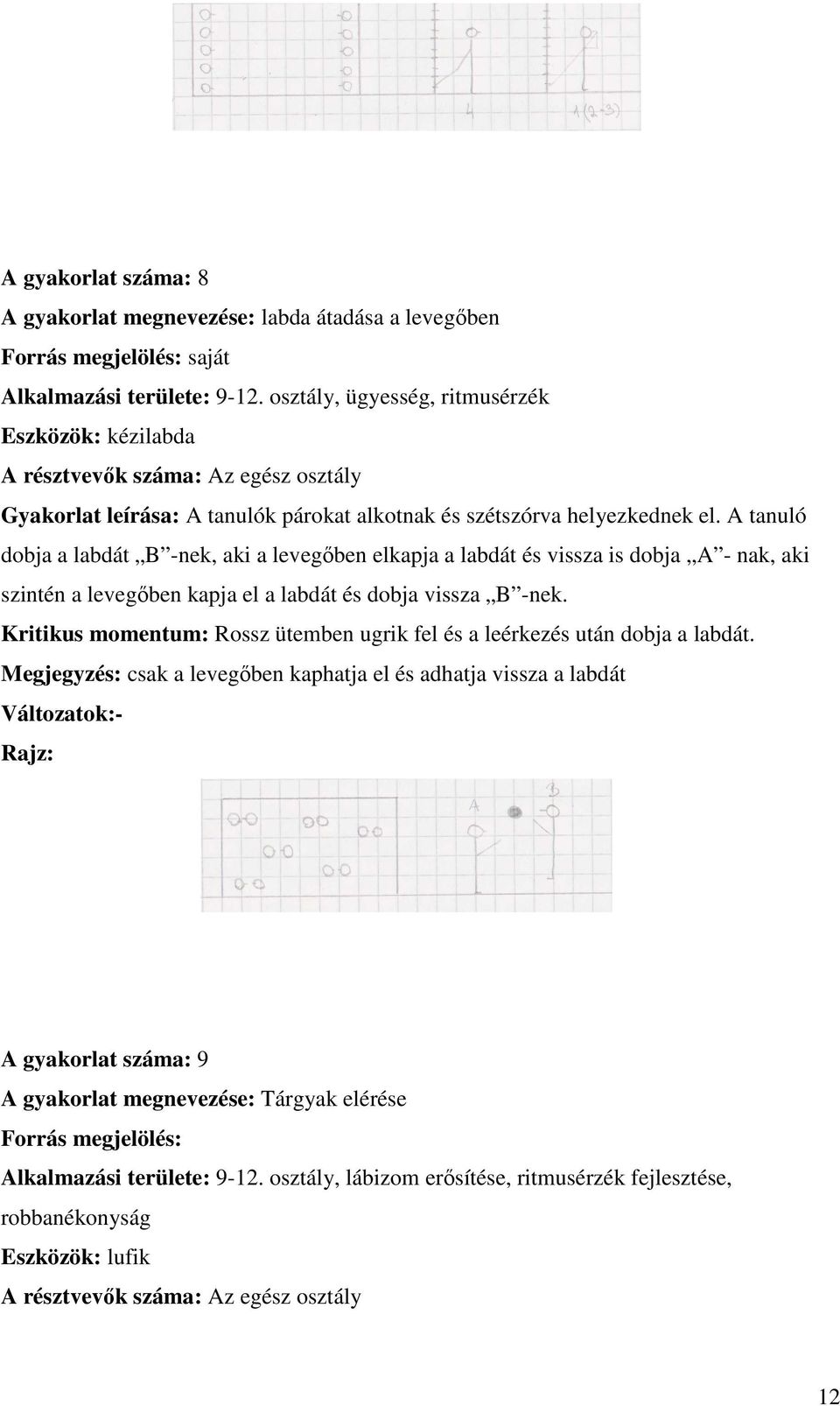 A tanuló dobja a labdát B -nek, aki a levegőben elkapja a labdát és vissza is dobja A - nak, aki szintén a levegőben kapja el a labdát és dobja vissza B -nek.