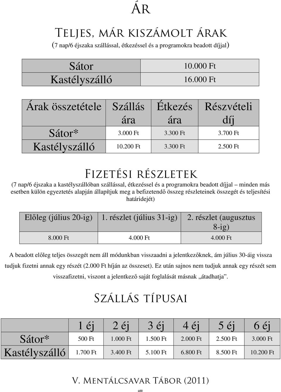 500 Ft Fizetési részletek (7 nap/6 éjszaka a kastélyszállóban szállással, étkezéssel és a programokra beadott díjjal minden más esetben külön egyeztetés alapján állapítjuk meg a befizetendő összeg