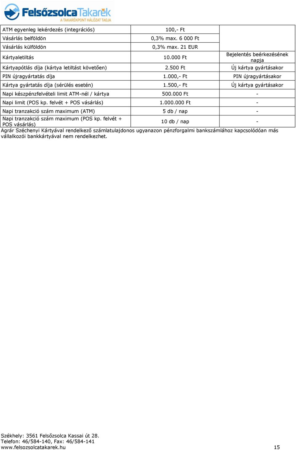 000,- Ft PIN újragyártásakor Kártya gyártatás díja (sérülés esetén) 1.500,- Ft Új kártya gyártásakor Napi készpénzfelvételi limit ATM-nél / kártya 500.000 Ft - Napi limit (POS kp.