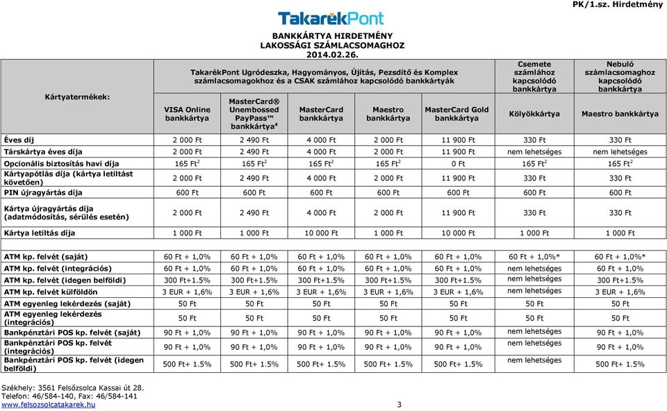 bankkártya MasterCard Gold bankkártya Csemete számlához kapcsolódó bankkártya Kölyökkártya Nebuló számlacsomaghoz kapcsolódó bankkártya Maestro bankkártya Éves díj 2 000 Ft 2 490 Ft 4 000 Ft 2 000 Ft