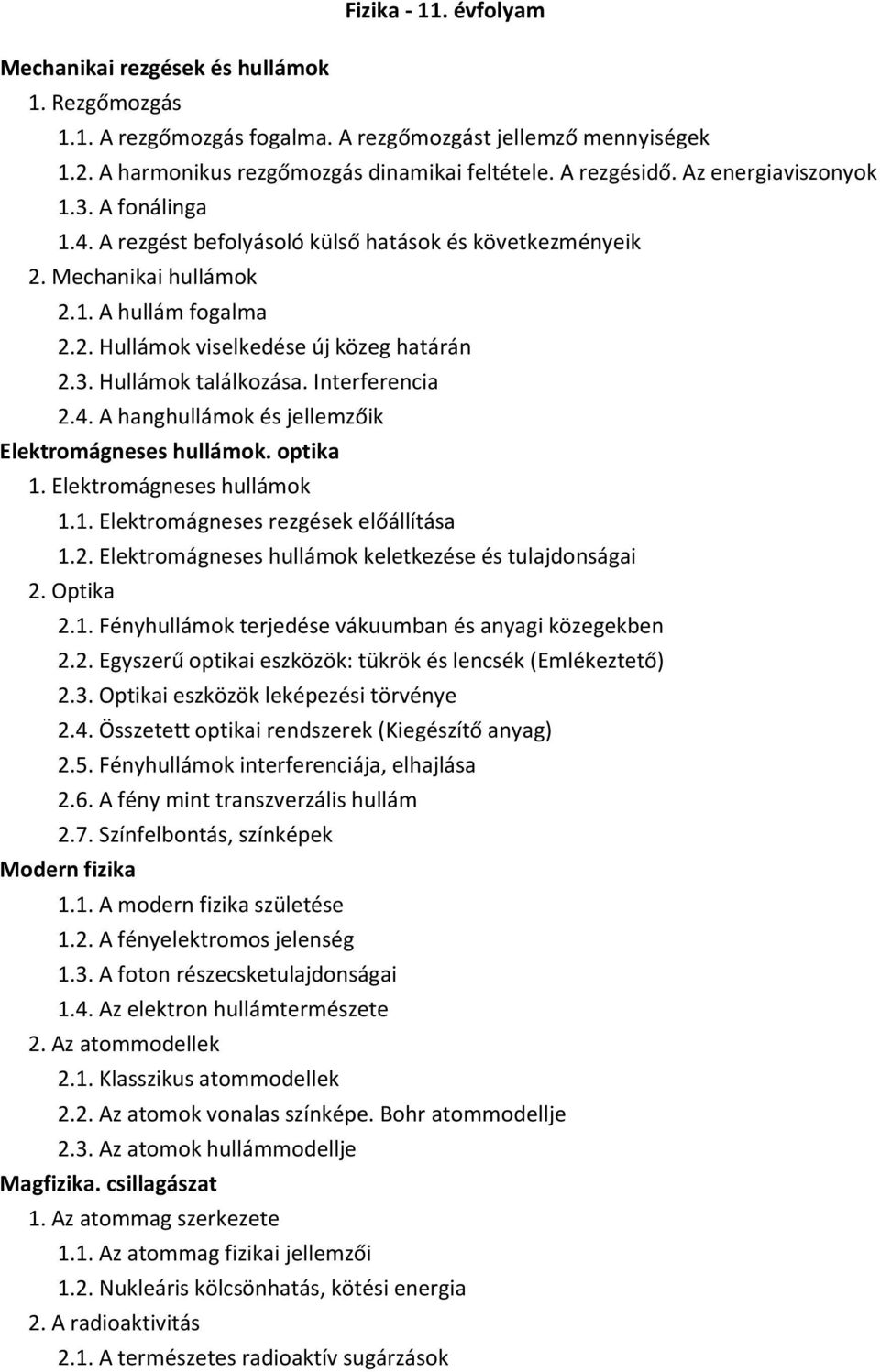 Interferencia 2.4. A hanghullámok és jellemzőik Elektromágneses hullámok. optika 1. Elektromágneses hullámok 1.1. Elektromágneses rezgések előállítása 1.2. Elektromágneses hullámok keletkezése és tulajdonságai 2.