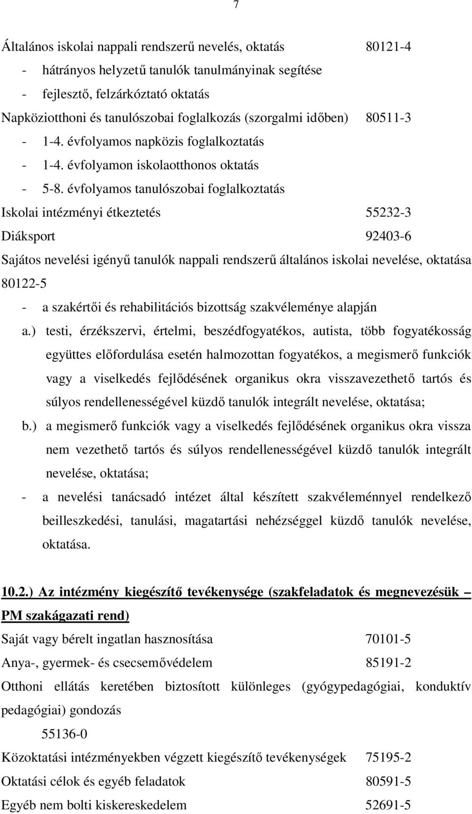 évfolyamos tanulószobai foglalkoztatás Iskolai intézményi étkeztetés 55232-3 Diáksport 92403-6 Sajátos nevelési igényő tanulók nappali rendszerő általános iskolai nevelése, oktatása 80122-5 - a