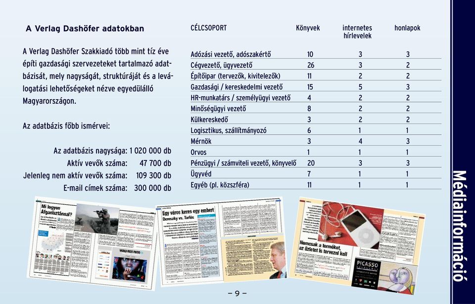 Az adatbázis fôbb ismérvei: Az adatbázis nagysága: 1 020 000 db Aktív vevôk száma: 47 700 db Jelenleg nem aktív vevôk száma: 109 300 db E-mail címek száma: 300 000 db Adózási vezető, adószakértő 10 3