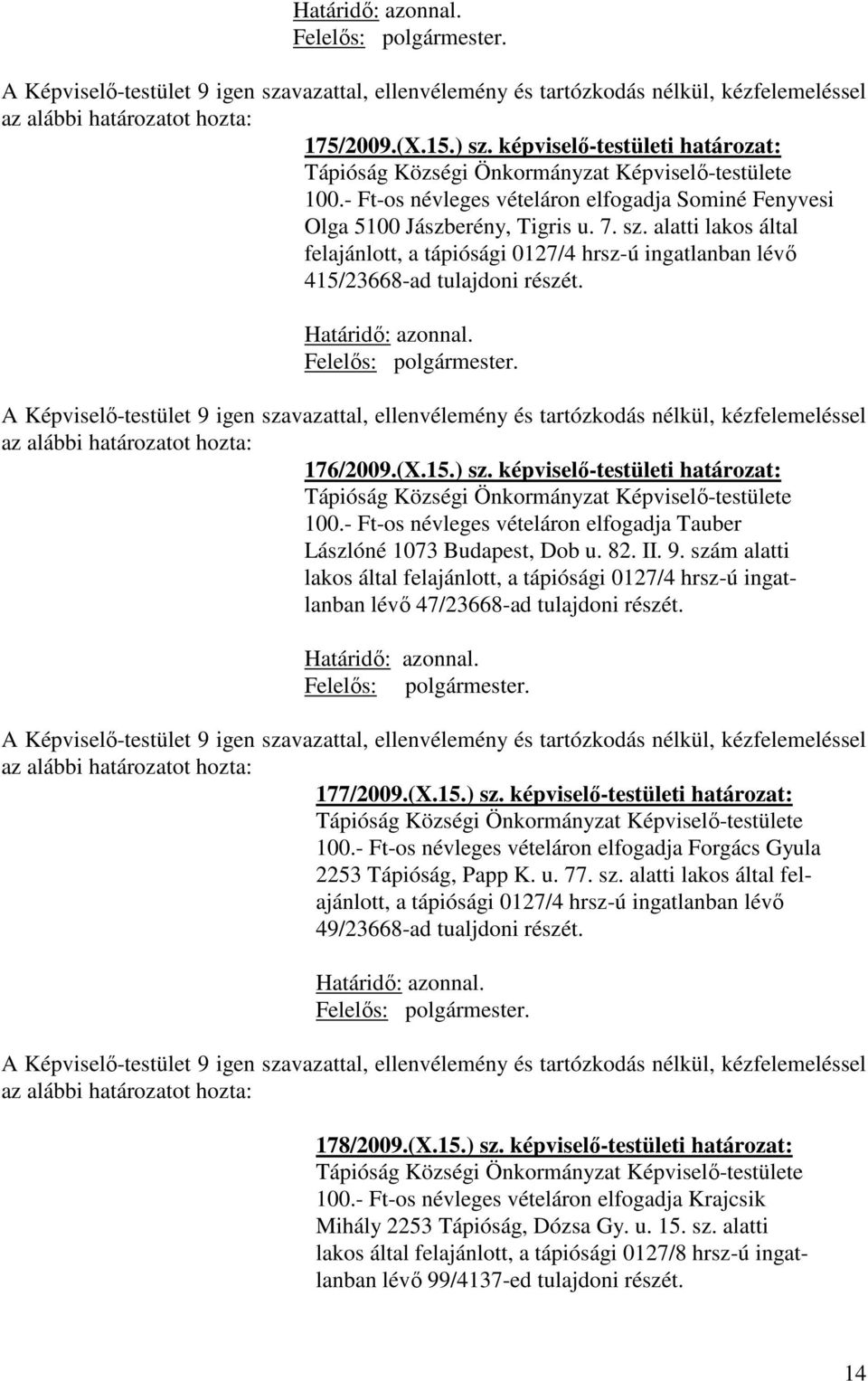 szám alatti lakos által felajánlott, a tápiósági 0127/4 hrsz-ú ingatlanban lévő 47/23668-ad tulajdoni részét. 177/2009.(X.15.) sz. képviselő-testületi határozat: 100.