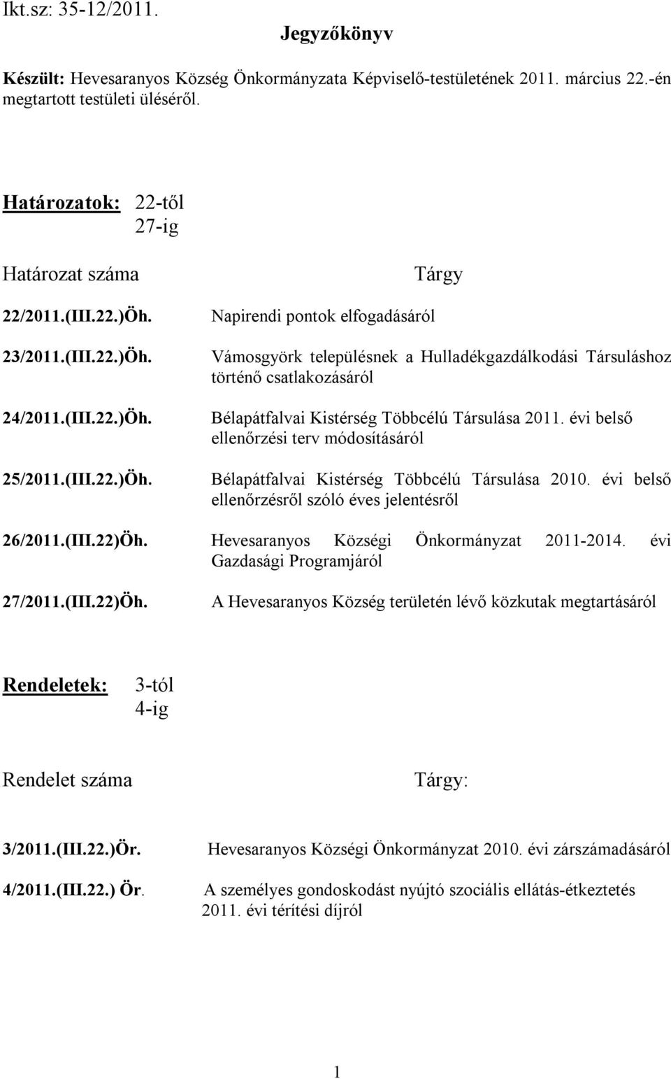évi belső ellenőrzési terv módosításáról Bélapátfalvai Kistérség Többcélú Társulása 2010. évi belső ellenőrzésről szóló éves jelentésről 26/2011.(III.22)Öh.