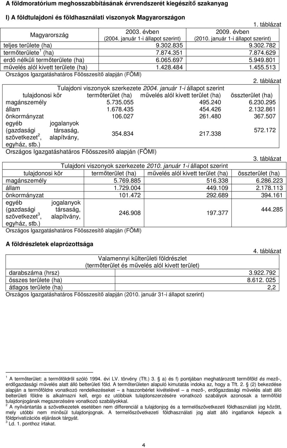 801 mővelés alól kivett területe (ha) 1.428.484 1.455.513 Országos Igazgatáshatáros Fıösszesítı alapján (FÖMI) 2. táblázat Tulajdoni viszonyok szerkezete 2004.