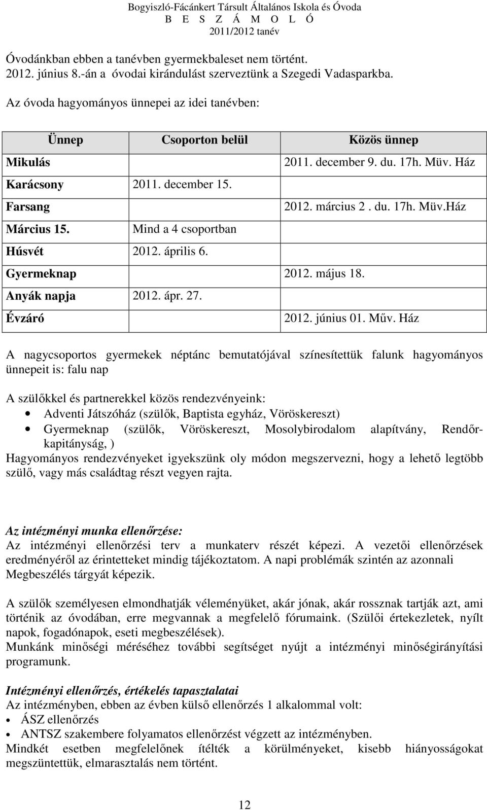 Mind a 4 csoportban Húsvét 2012. április 6. Gyermeknap 2012. május 18. Anyák napja 2012. ápr. 27. Évzáró 2012. június 01. Műv.