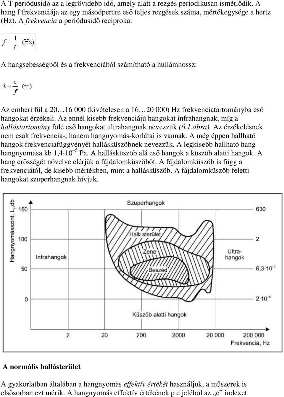 Az ennél kisebb frekvenciájú hangokat infrahangnak, míg a hallástartomány fölé esı hangokat ultrahangnak nevezzük (6.1.ábra). Az érzékelésnek nem csak frekvencia-, hanem hangnyomás-korlátai is vannak.