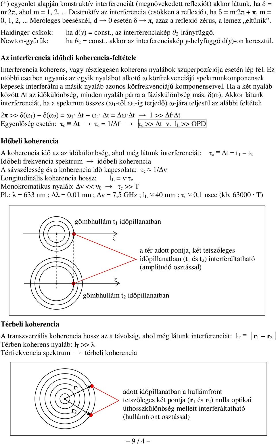 , akkor az iterfereciakép y-helyfüggı π ω ω ω d(y-o keresztül. Az iterferecia idıbeli koherecia-feltétele terferecia koheres, vagy részlegese koheres yalábok szuperpozíciója eseté lép fel.