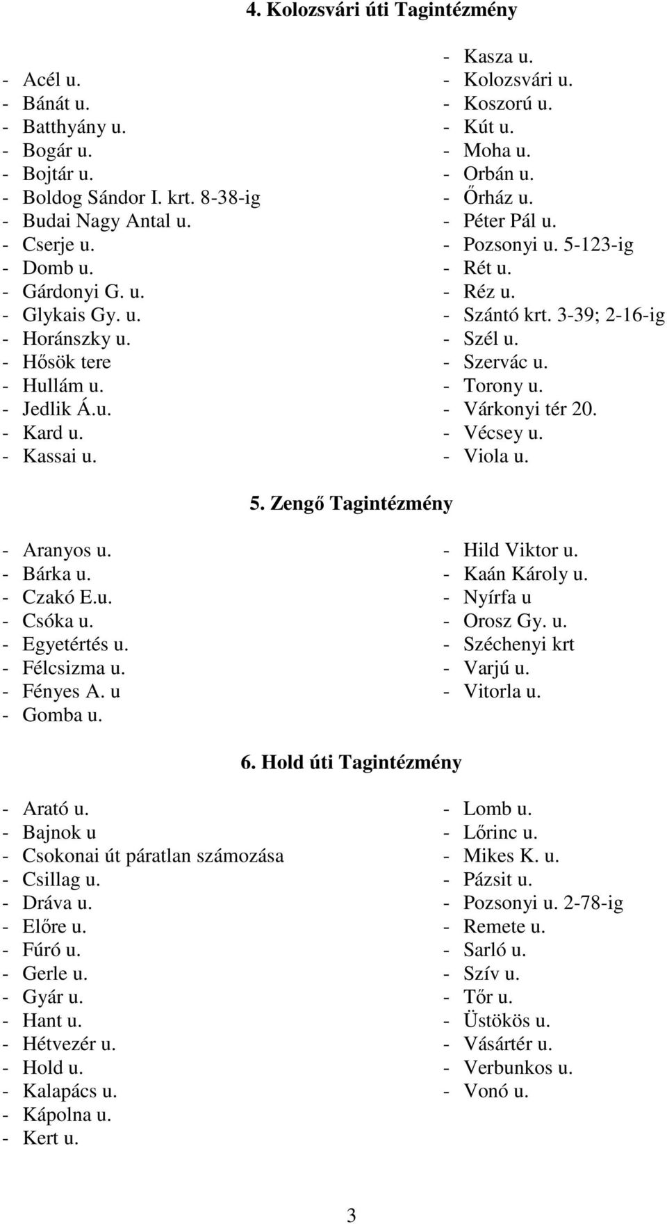 - Szántó krt. 3-39; 2-16-ig - Szél u. - Szervác u. - Torony u. - Várkonyi tér 20. - Vécsey u. - Viola u. 5. Zengő Tagintézmény - Aranyos u. - Bárka u. - Czakó E.u. - Csóka u. - Egyetértés u.