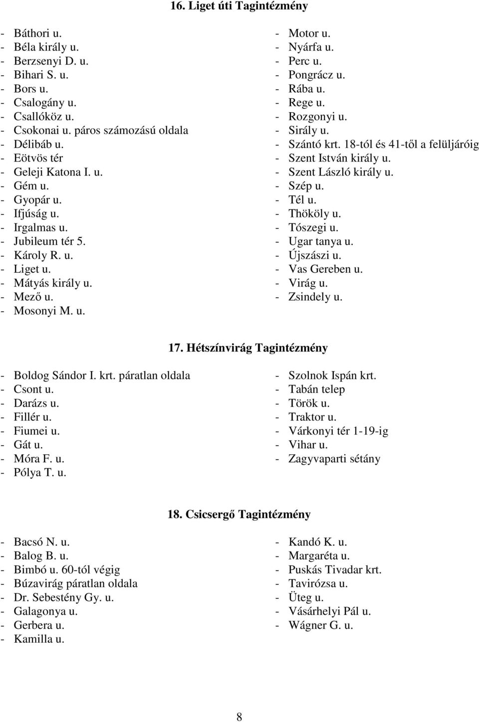 - Perc u. - Pongrácz u. - Rába u. - Rege u. - Rozgonyi u. - Sirály u. - Szántó krt. 18-tól és 41-től a felüljáróig - Szent István király u. - Szent László király u. - Szép u. - Tél u. - Thököly u.