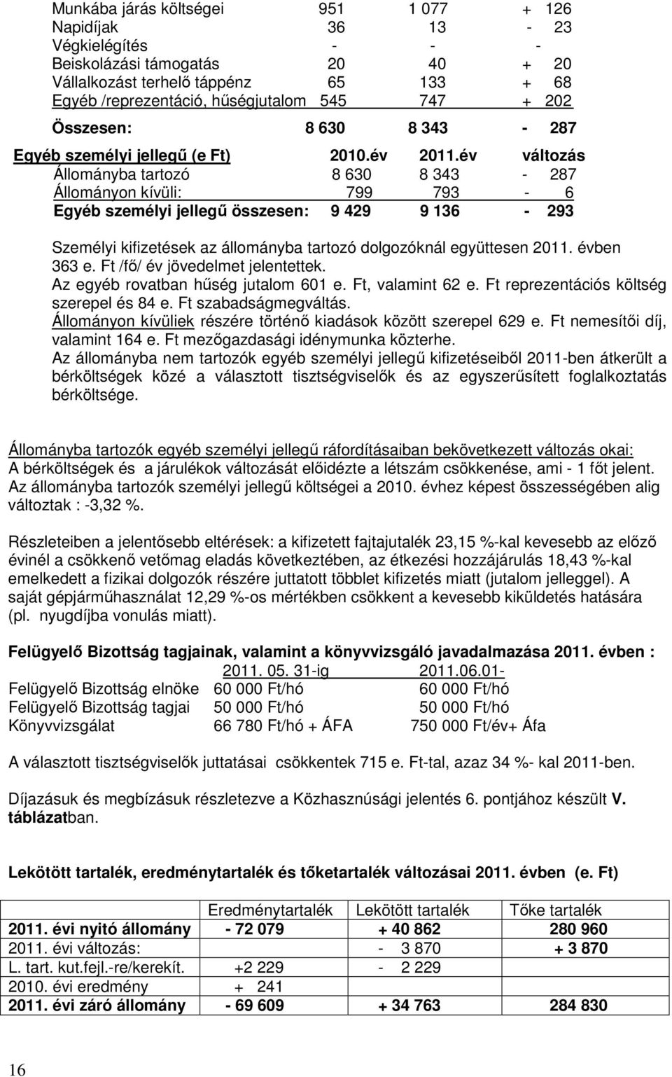 év változás Állományba tartozó 8 630 8 343-287 Állományon kívüli: 799 793-6 Egyéb személyi jellegő összesen: 9 429 9 136-293 Személyi kifizetések az állományba tartozó dolgozóknál együttesen 2011.