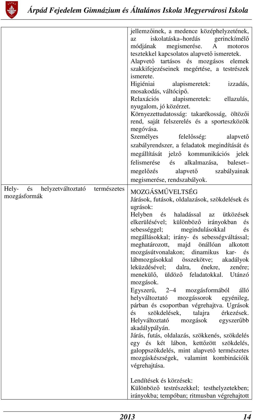 Relaxációs alapismeretek: ellazulás, nyugalom, jó közérzet. Környezettudatosság: takarékosság, öltözői rend, saját felszerelés és a sporteszközök megóvása.