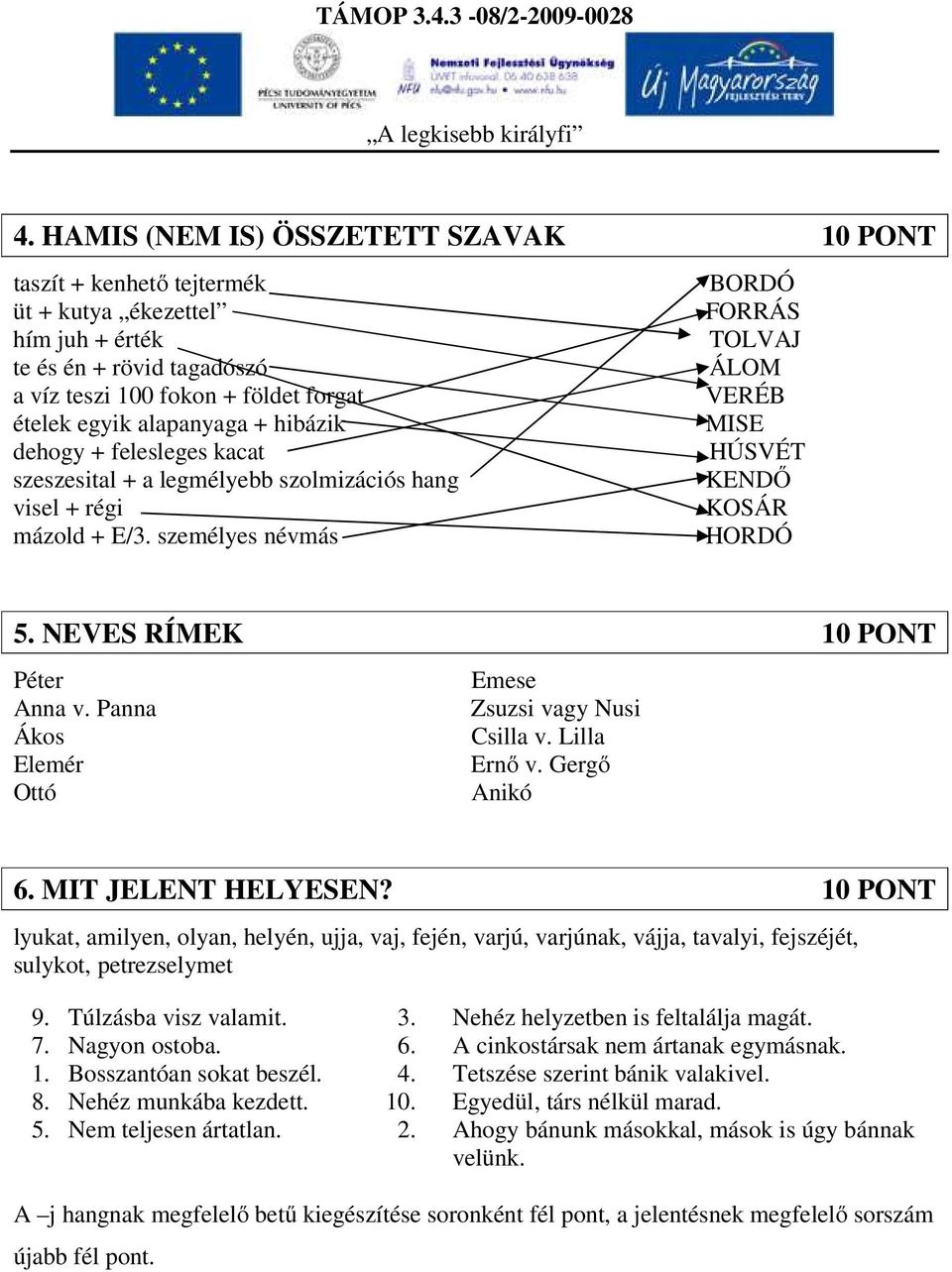 NEVES RÍMEK 10 PONT Péter Emese Anna v. Panna Zsuzsi vagy Nusi Ákos Csilla v. Lilla Elemér Ernő v. Gergő Ottó Anikó 6. MIT JELENT HELYESEN?