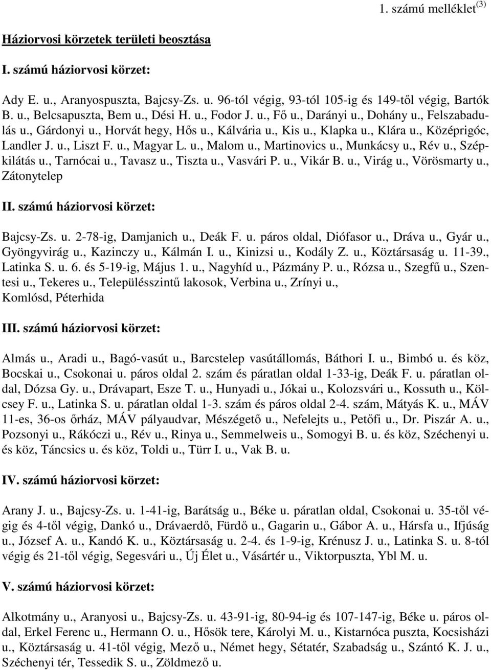 u., Malom u., Martinovics u., Munkácsy u., Rév u., Szépkilátás u., Tarnócai u., Tavasz u., Tiszta u., Vasvári P. u., Vikár B. u., Virág u., Vörösmarty u., Zátonytelep II.