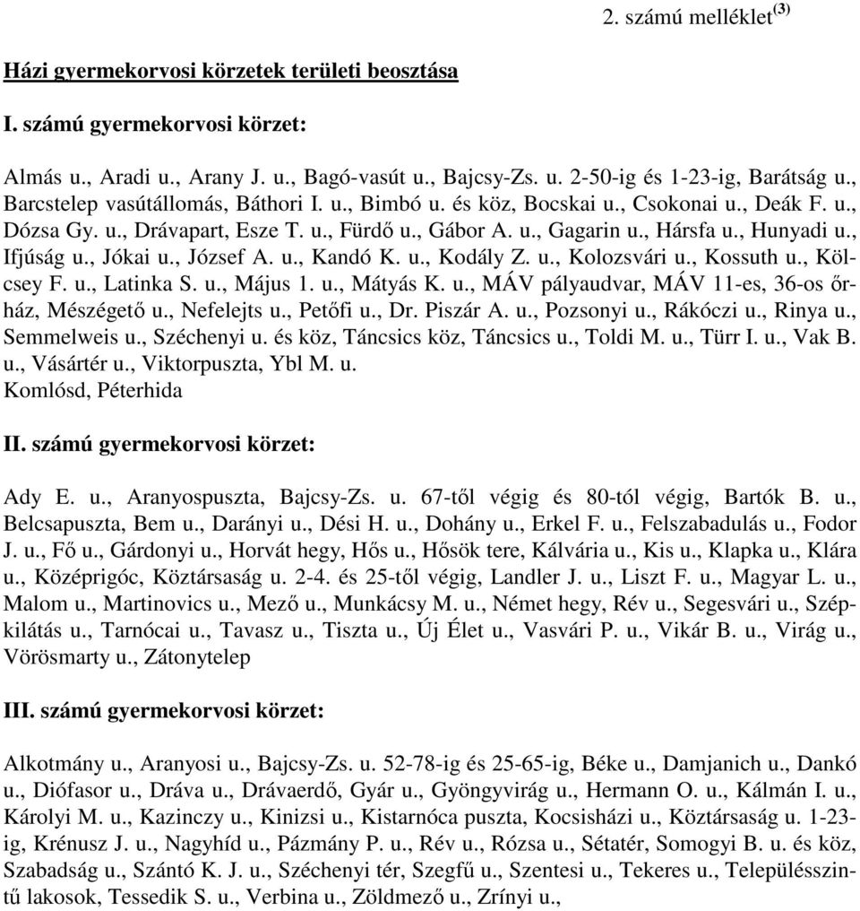 , Ifjúság u., Jókai u., József A. u., Kandó K. u., Kodály Z. u., Kolozsvári u., Kossuth u., Kölcsey F. u., Latinka S. u., Május 1. u., Mátyás K. u., MÁV pályaudvar, MÁV 11-es, 36-os ırház, Mészégetı u.