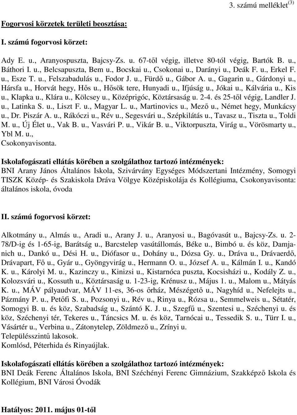 , Hısök tere, Hunyadi u., Ifjúság u., Jókai u., Kálvária u., Kis u., Klapka u., Klára u., Kölcsey u., Középrigóc, Köztársaság u. 2-4. és 25-tıl végig, Landler J. u., Latinka S. u., Liszt F. u., Magyar L.